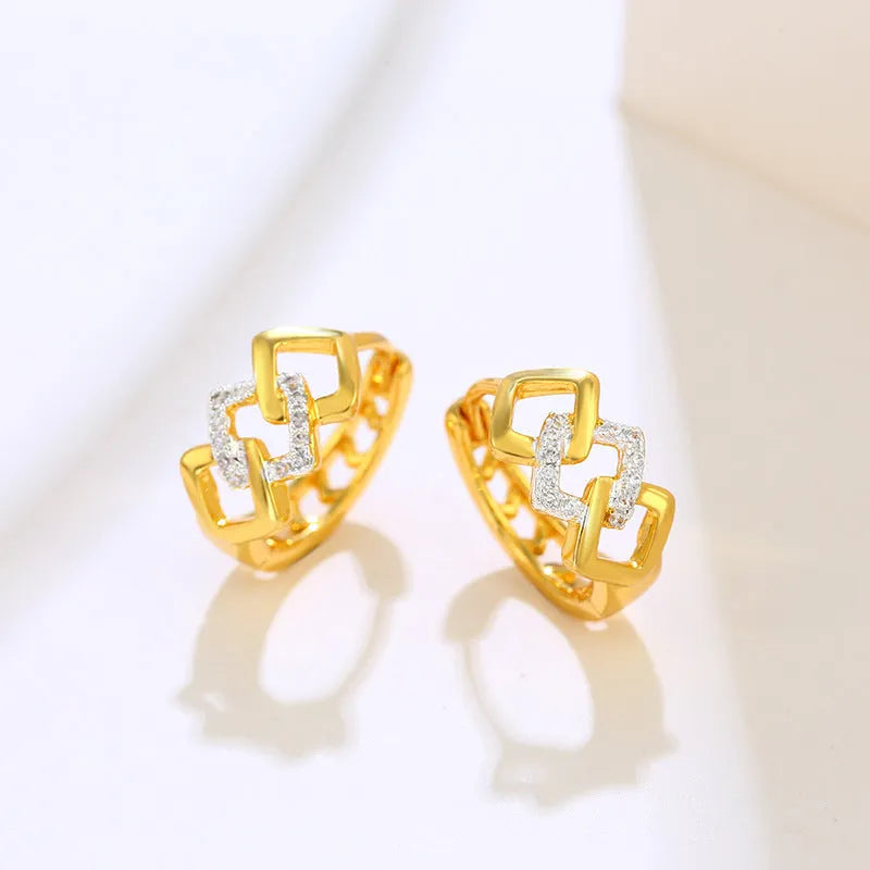 Geometric hollow out gold electroplated alloy earrings with colour separation ear clip design