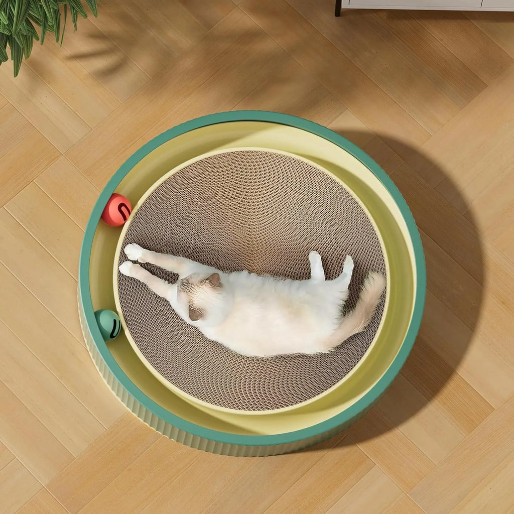 Large circular cat scratching board with interactive ball toys and replaceable cardboard core