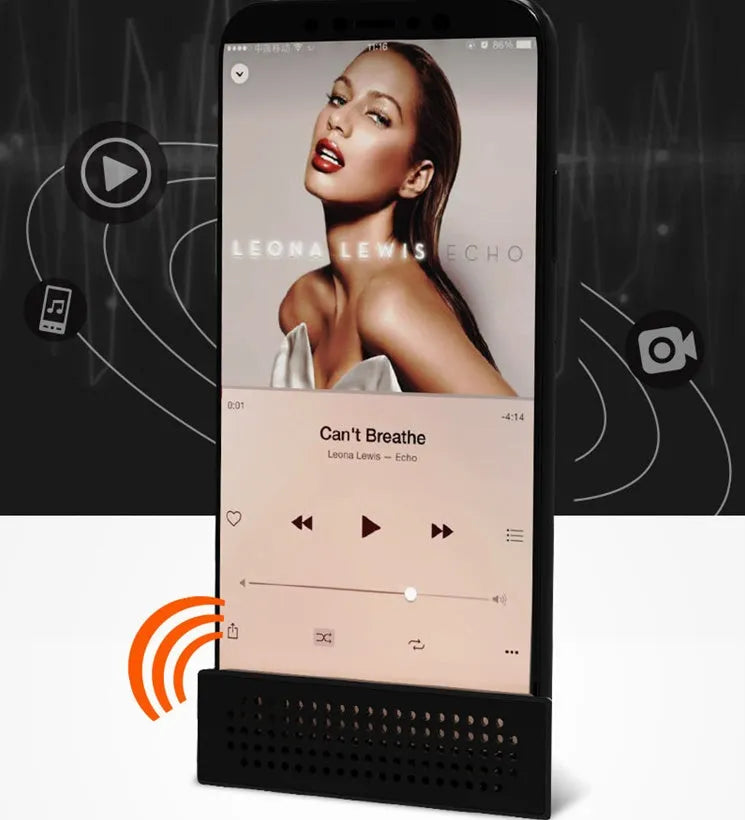 Mini portable phone amplifier stand in four colours compatible with iPhone and smartphones 6-10mm thick