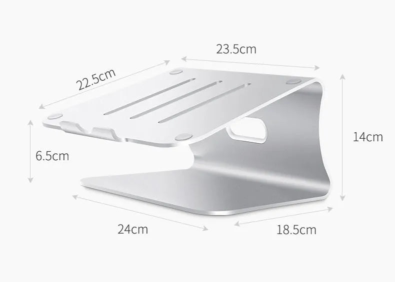 Aluminium alloy laptop cooling bracket with striped silver finish and adjustable rotary stand.