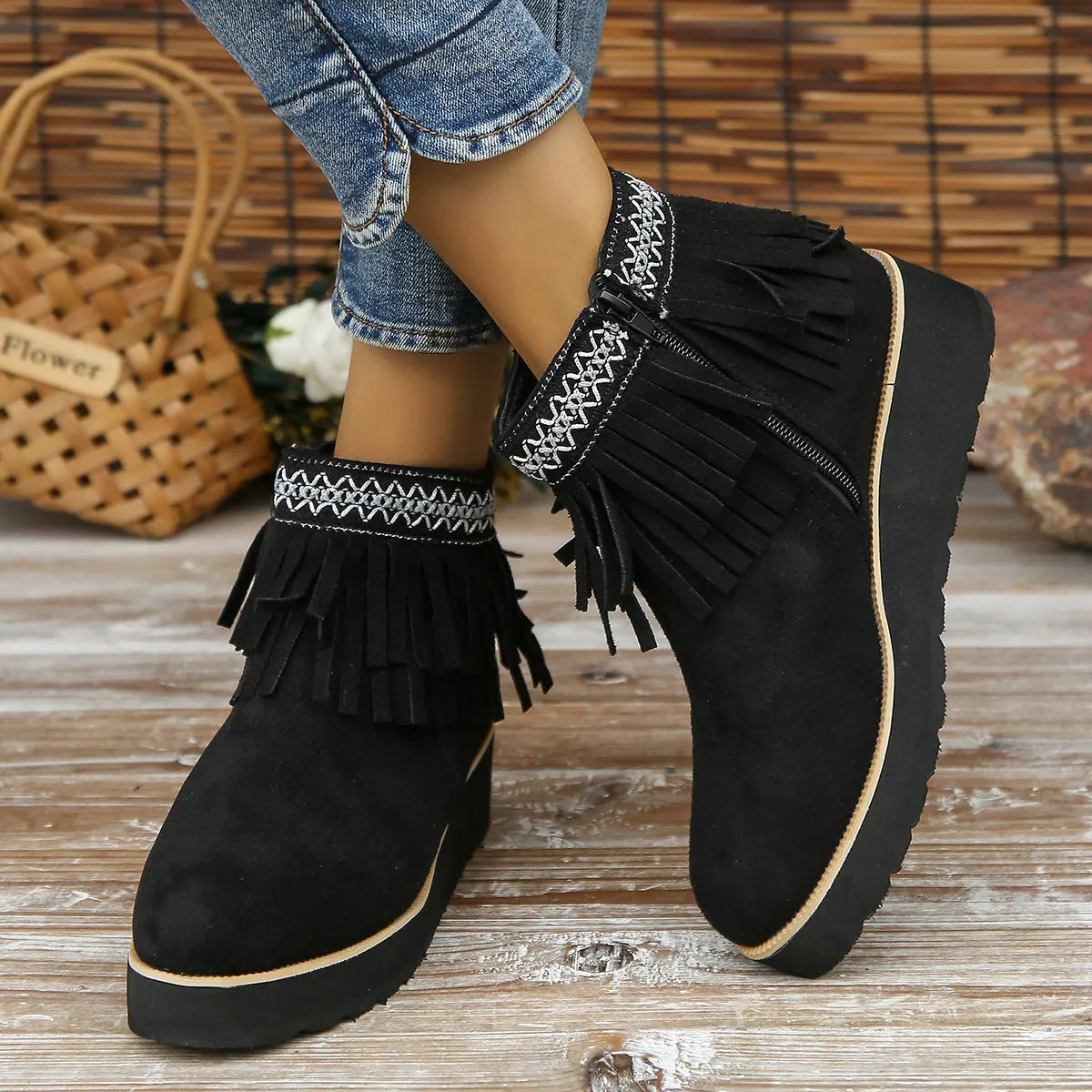 Dark brown suede women's wedge ankle boots with side zip and tassel on a waterproof platform sole.