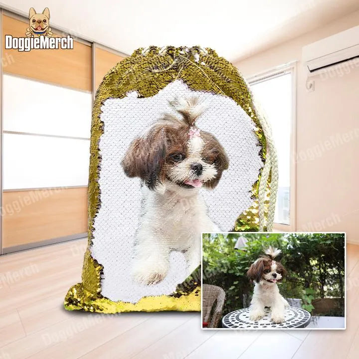 Custom purple sequin drawstring backpack featuring a photo of a dog, showing drawstring closure.