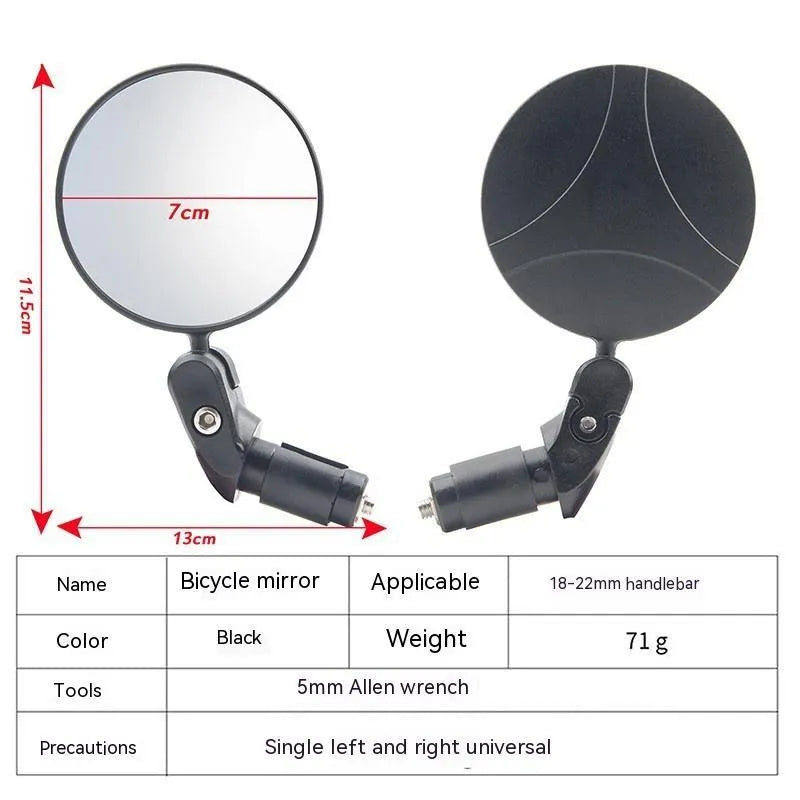 Black foldable convex rearview mirror showing 14cm arm and 7cm diameter reflector.