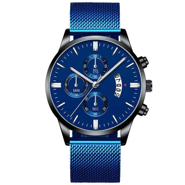 Men's stainless steel mesh band business watch with analogue dial and two-tone colour options.