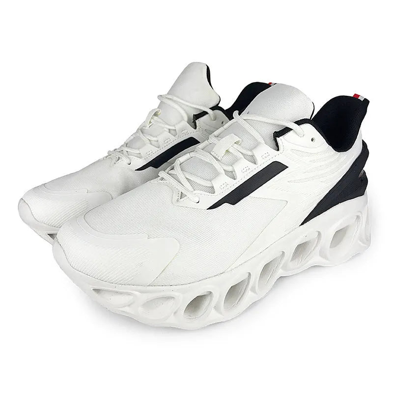 Men's black mesh sports shoes with white sole and round toe lace-up design.