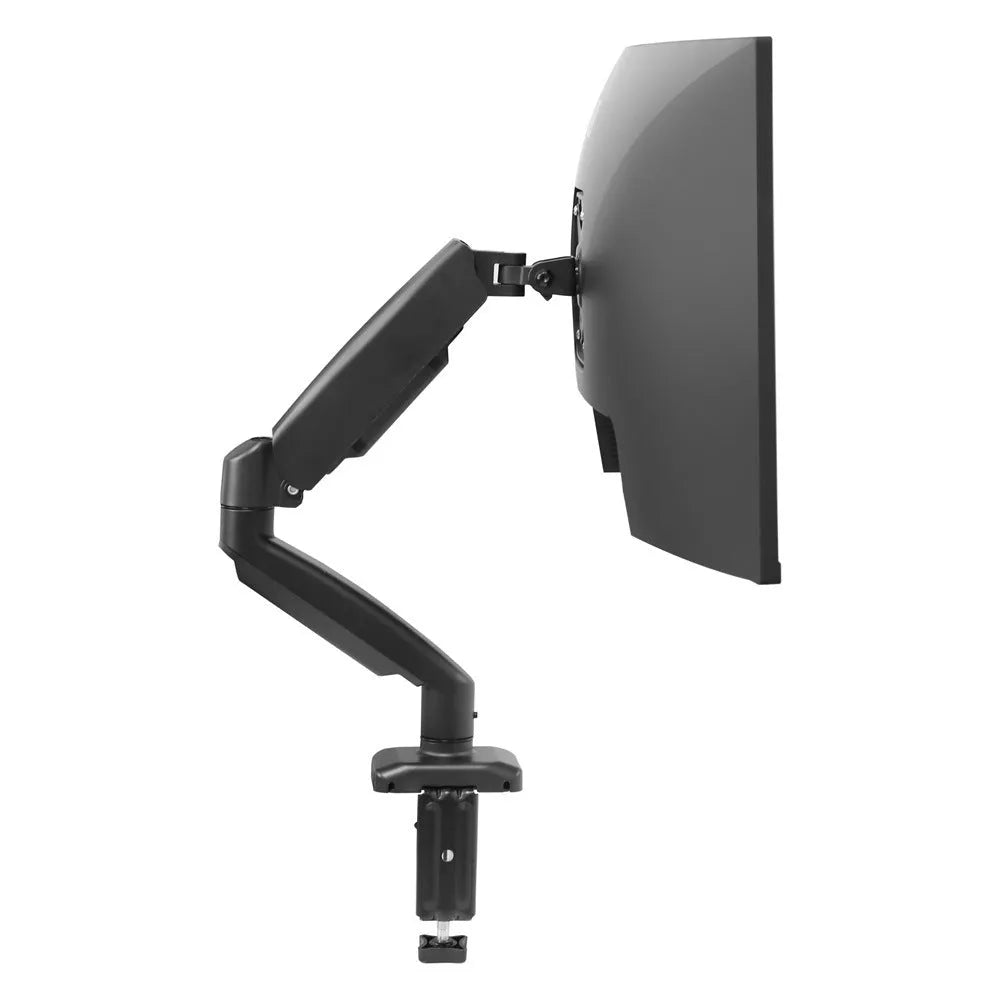 Black rotating telescopic bracket elevating an LCD screen on a desk