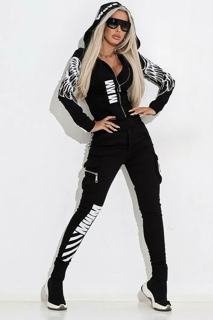 Black women's casual suit with wings print on hooded top and trousers, front zipper detail.