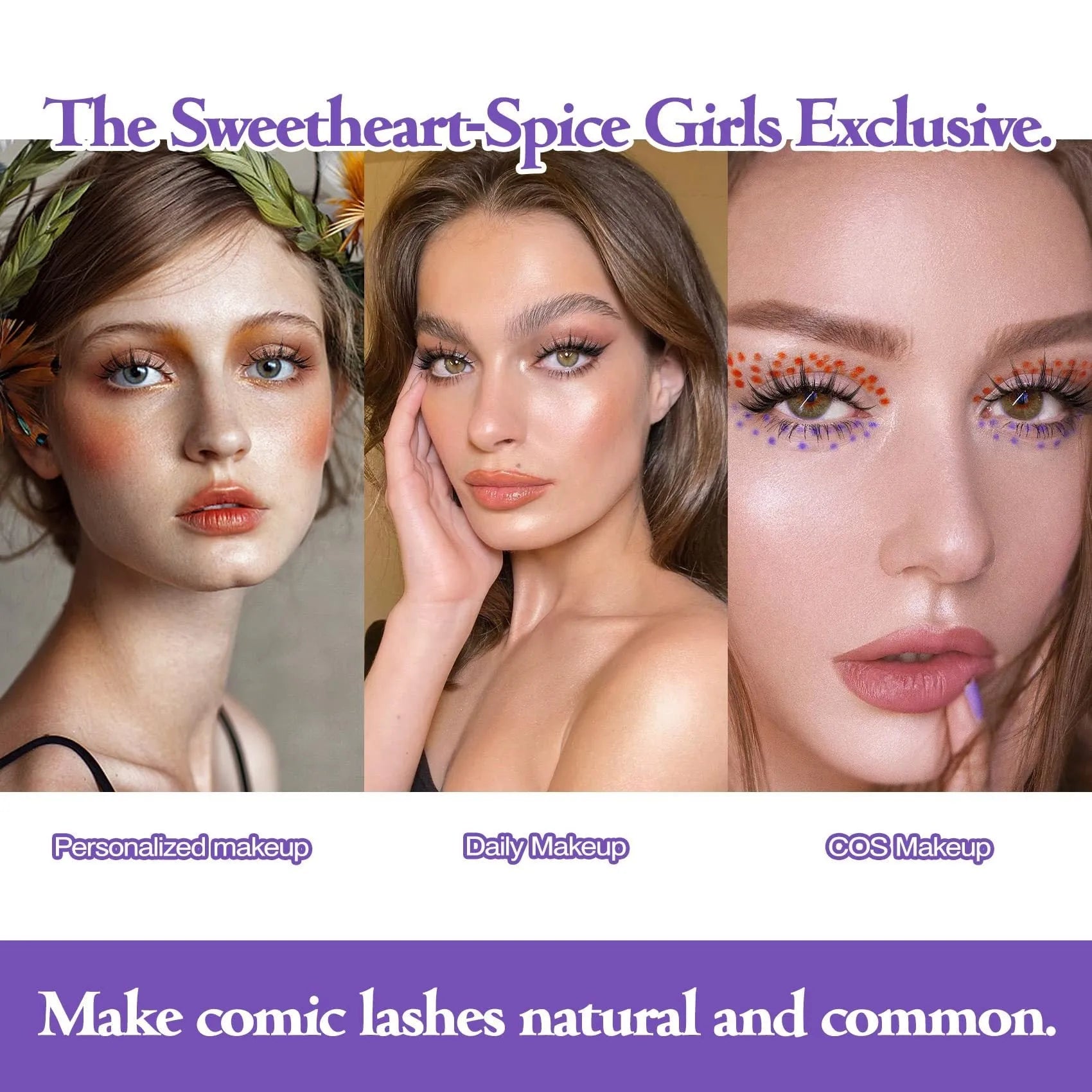 A set of three styles of black wispy false eyelashes for manga anime cosplay and Korean makeup.
