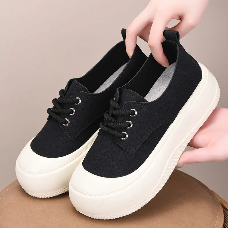 Women's suede platform loafers with 4cm height increase, round toe, and front lace-up design in beige, black, and camel.