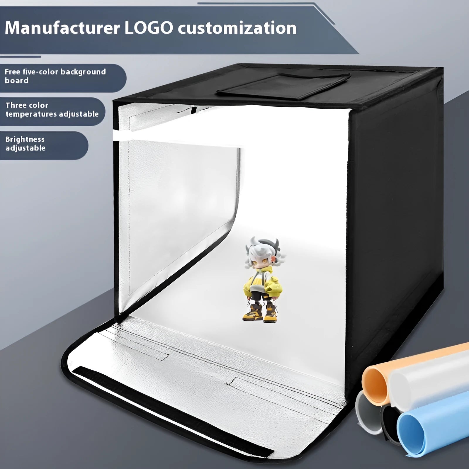 50cm foldable light box with metal frame and USB-powered LED lighting for product photography