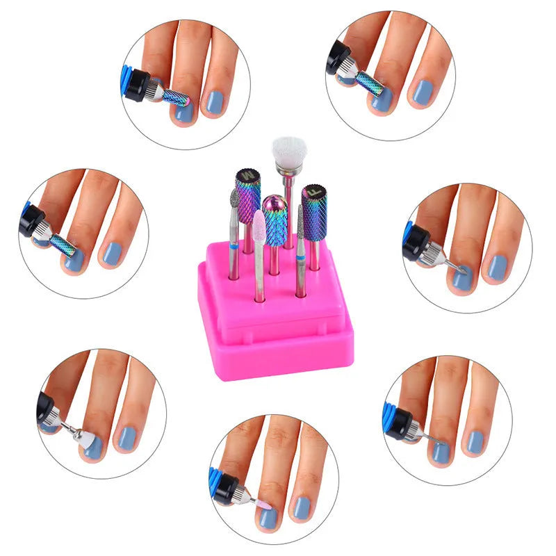 Tungsten steel nail drill bit set with six different bits and a brush in a clear storage case.