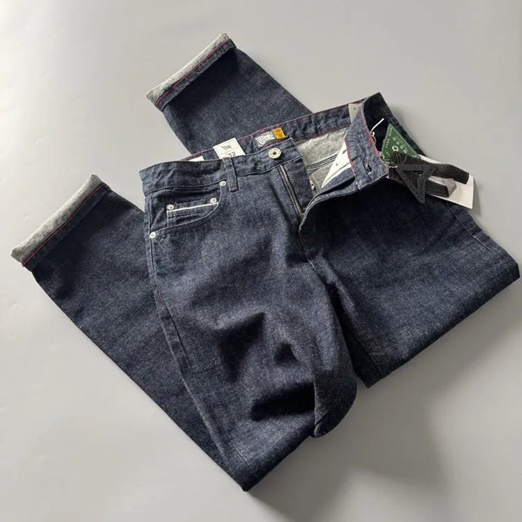 Men's straight leg denim jeans in primary colour with mid-rise waist and classic retro styling