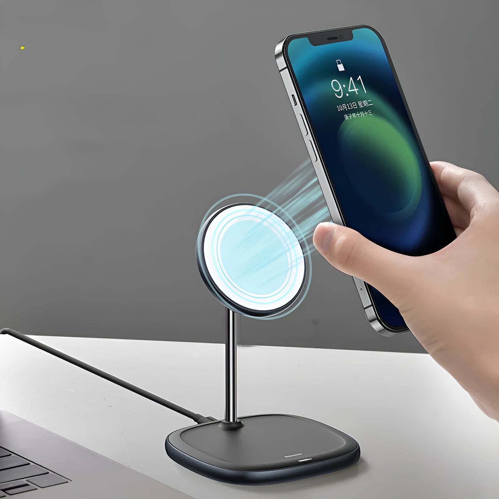Swan magnetic desktop wireless charger stand for iPhone 12 in black colour with Type-C cable