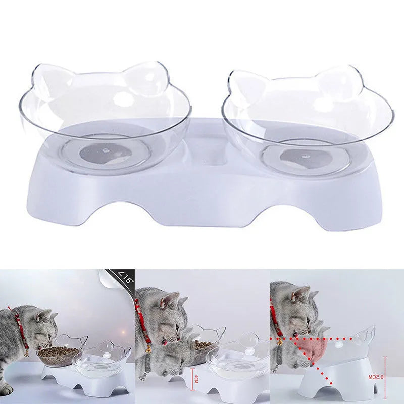 Tilted elevated cat bowl feeder with non-slip support in blue, pink, or white, made from non-toxic material