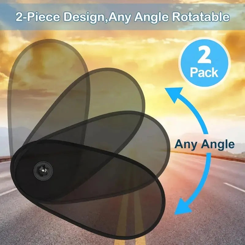 Black stretchy car side window sunshade for babies attached with suction cups, shown in a compact stored size