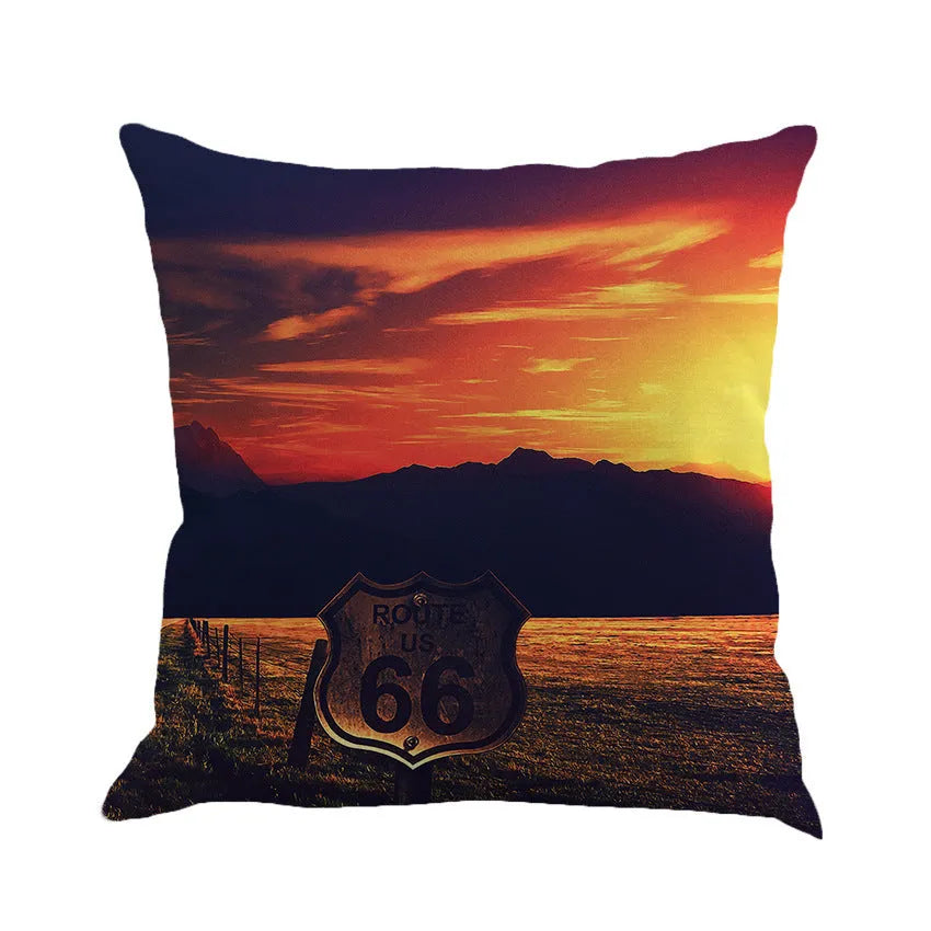 Route 66 landscape print linen cushion cover 45x45 cm on a grey sofa
