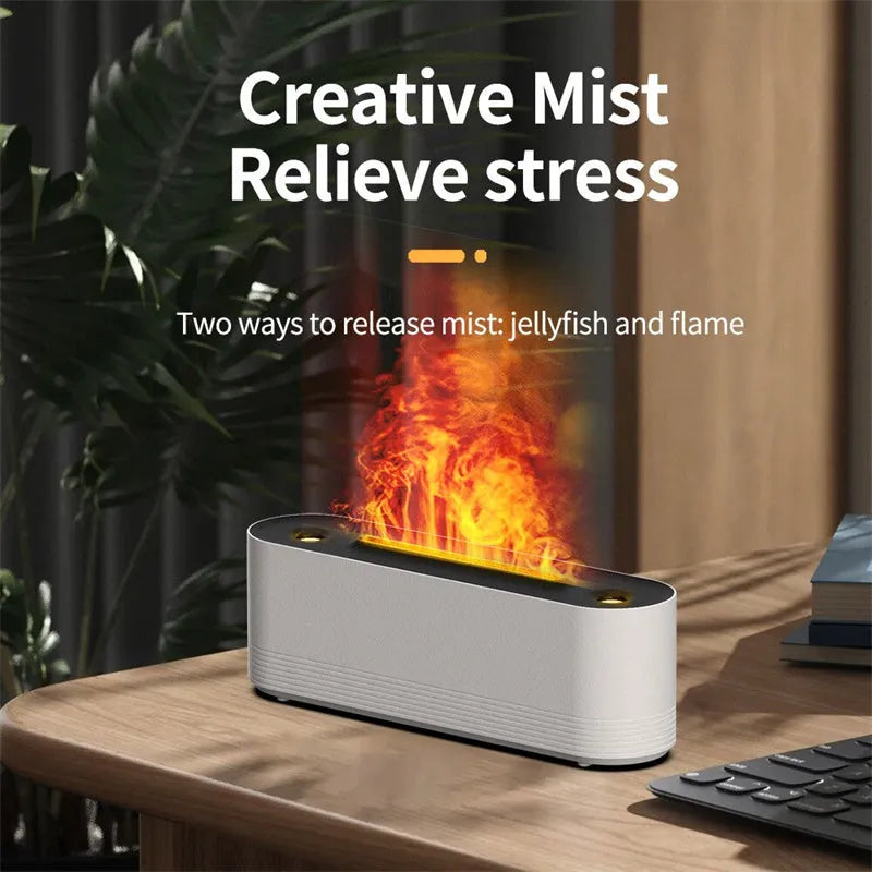 Black Flame Air ultrasonic humidifier and essential oil diffuser with coloured LED lights on a desk.