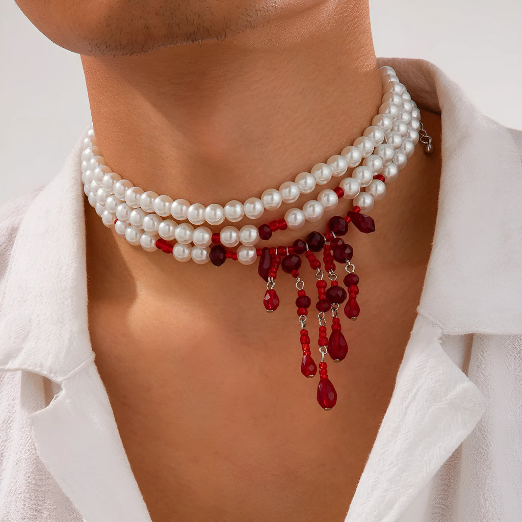 Men's Halloween necklace with geometric blood drop pendant, artificial crystal details, and imitation pearl chain.