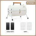 White round portable folding charcoal grill with detachable meshes and carbon tanks.