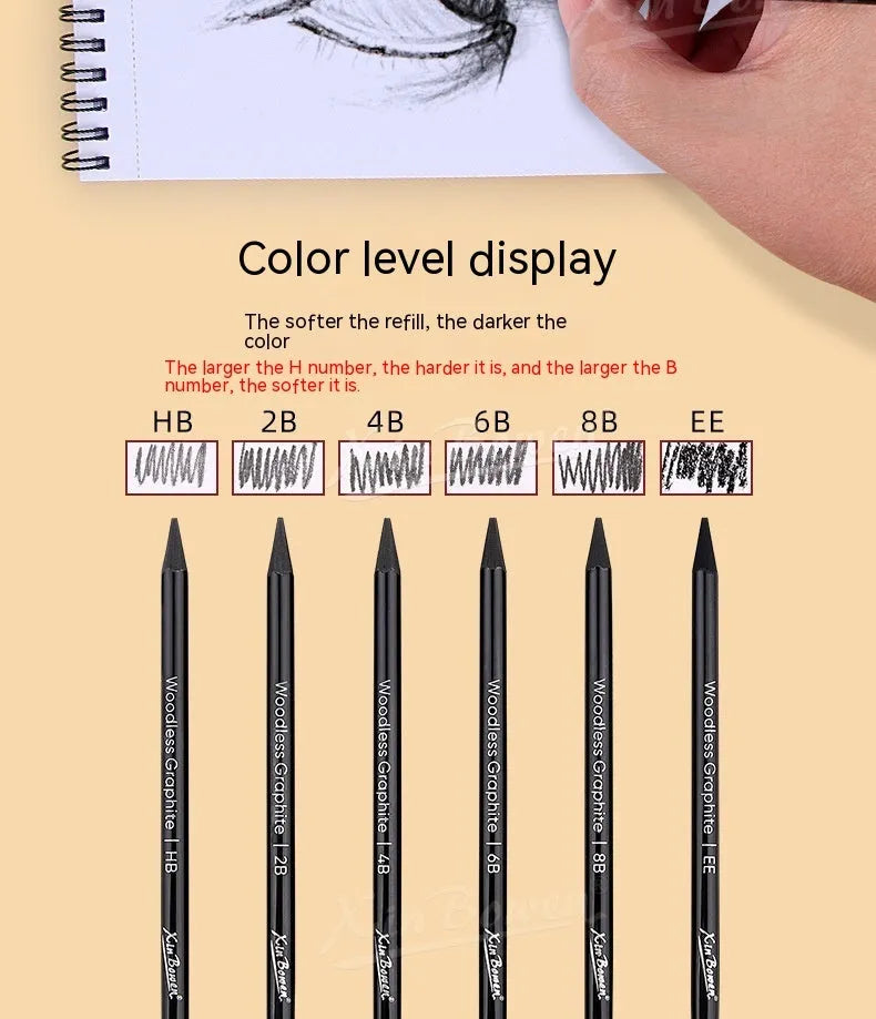 Set of six graphite sketching pencils with HB, 2B, 4B, 6B, 8B, and EE grades for art drawing