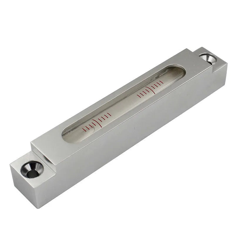 Mini metal spirit level with glass vial showing 500 bubbles for precise measurement