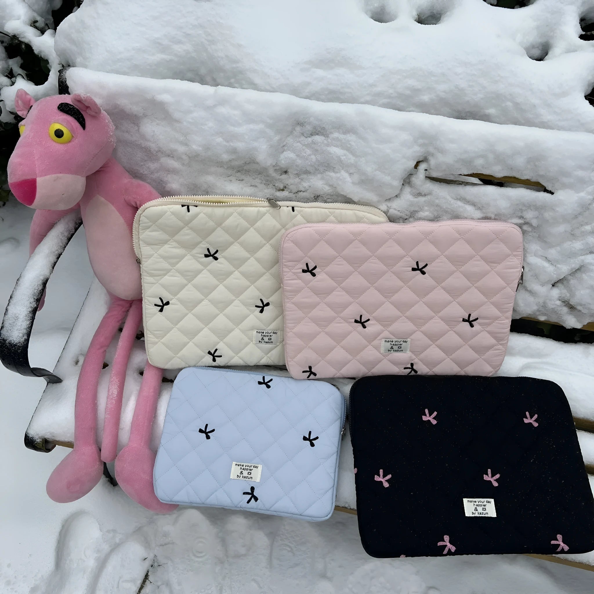 Nylon notebook storage bag with rhombus embroidery and bow detail in multiple colour options