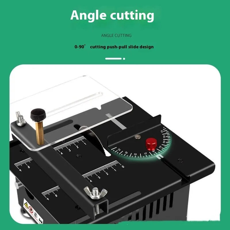 Lithium ion micro household desktop saw with metal construction and angle adjustment feature