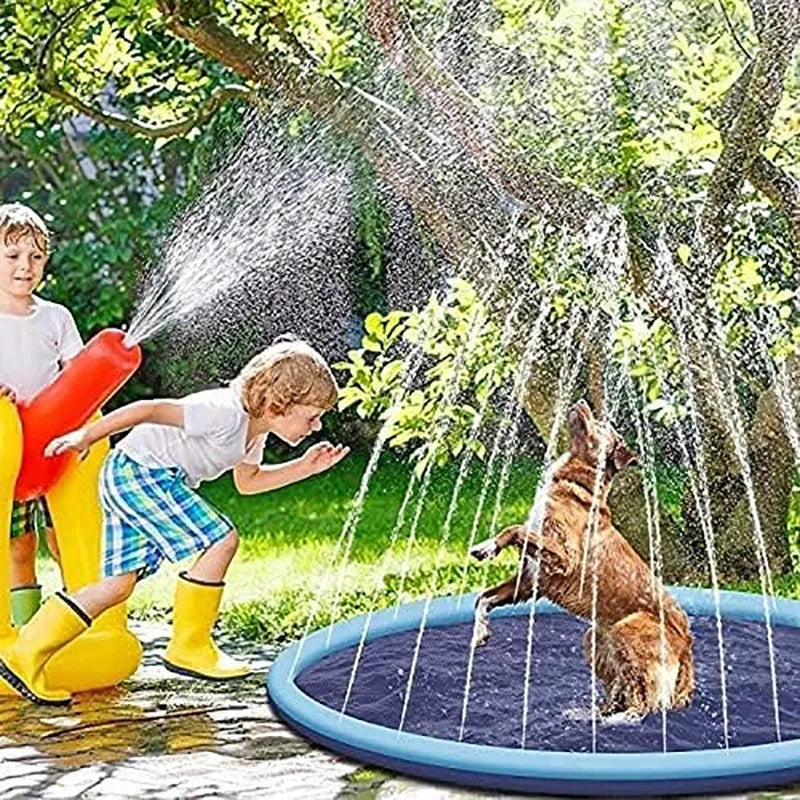 Large blue PVC dog splash pad with anti-slip texture for outdoor water play.