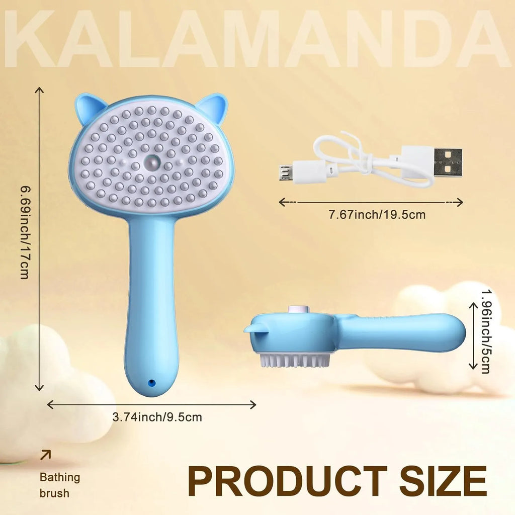 Blue cat steam brush with ergonomic handle and soft rubber bristles for pet grooming