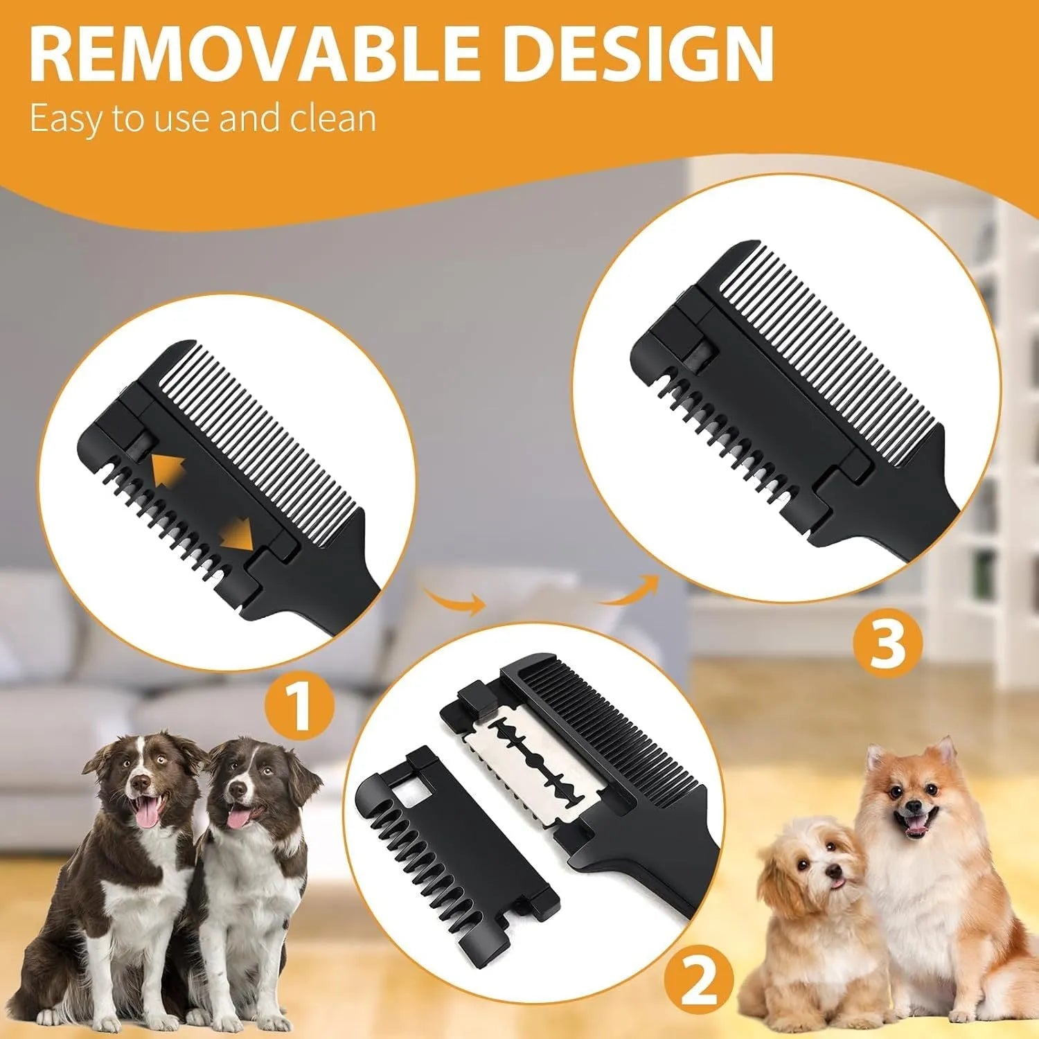 A handheld razor comb for pets showing the comb teeth and integrated trimming blade.