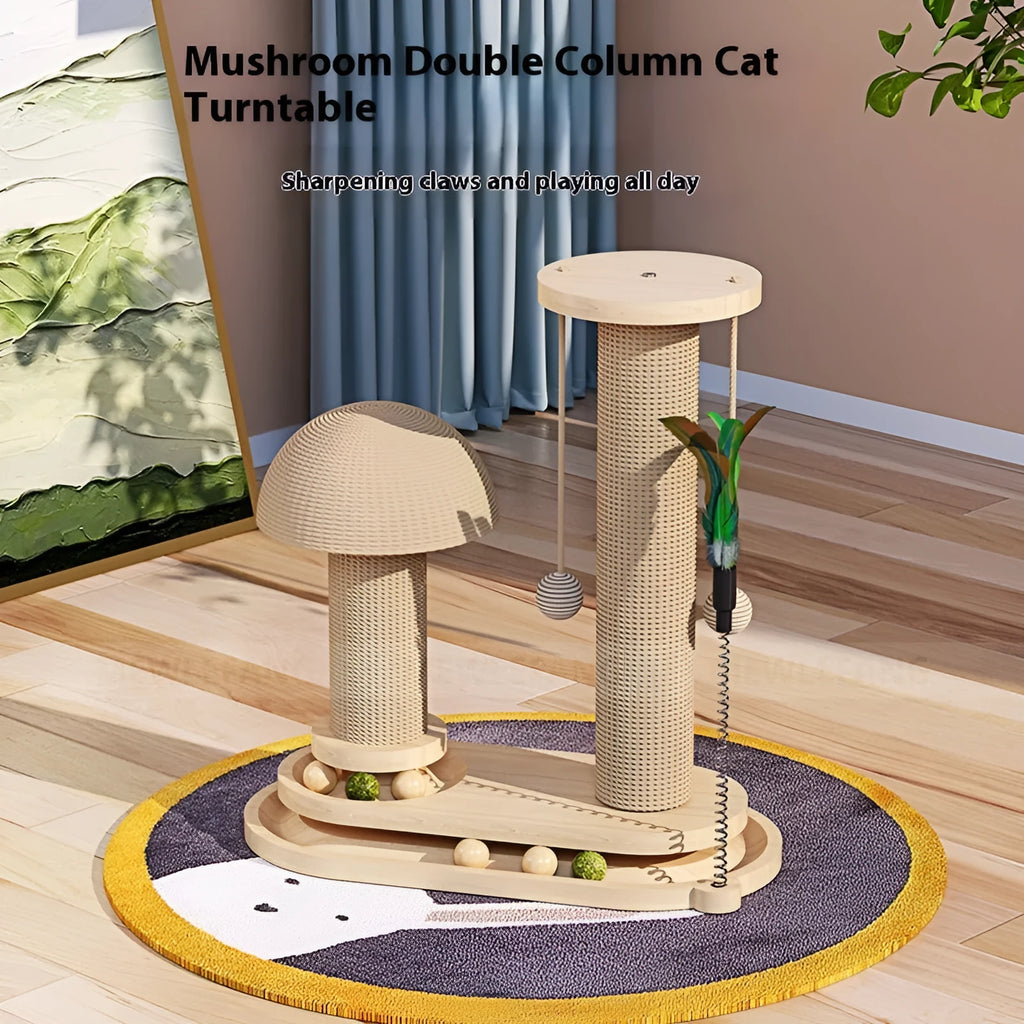 Solid wood cat scratching post with turntable and climbing platforms
