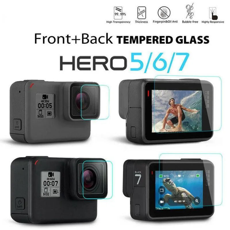 GoPro Hero camera with transparent tempered glass lens protector and LCD screen protector film applied.