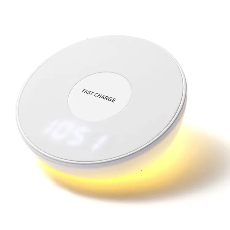 White QI wireless phone charger with clock display showing time, 10W fast charging capability