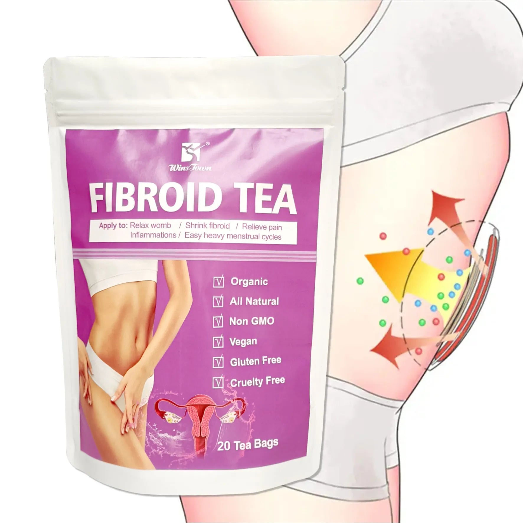 A single pack of C83 Winstown Fibroid Tea herbal tea bags on a plain background.