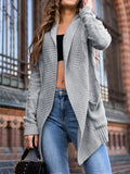 Grey women's loose cardigan coat with front pockets and medium length
