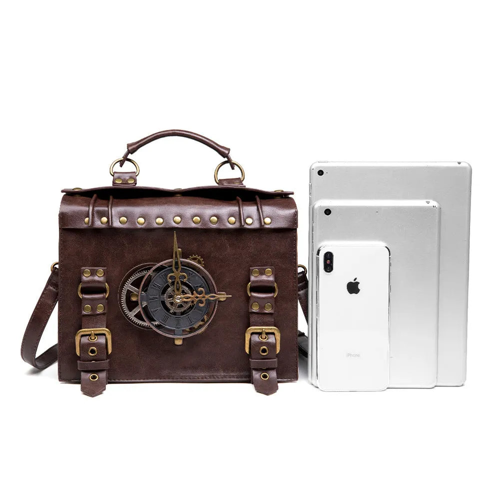 Bronze steampunk industrial retro shoulder bag with metal accents and square pillow shape