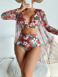 Women's multicolour printed bikini three-piece set with sunscreen shirt on hanger