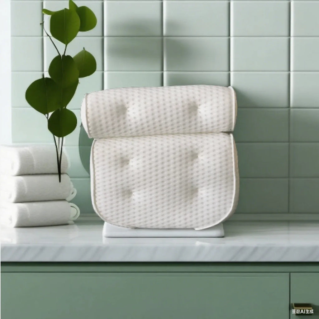 White 4D mesh bathtub pillow with seven suction cups, shown on a bathtub.