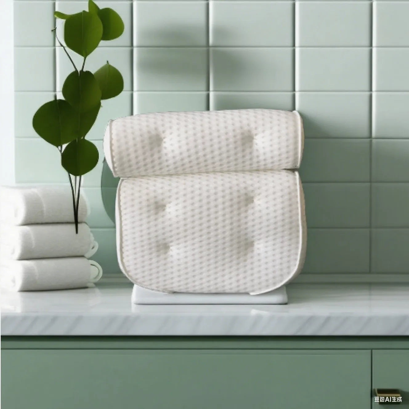 White 4D mesh bathtub pillow with seven suction cups, shown on a bathtub.