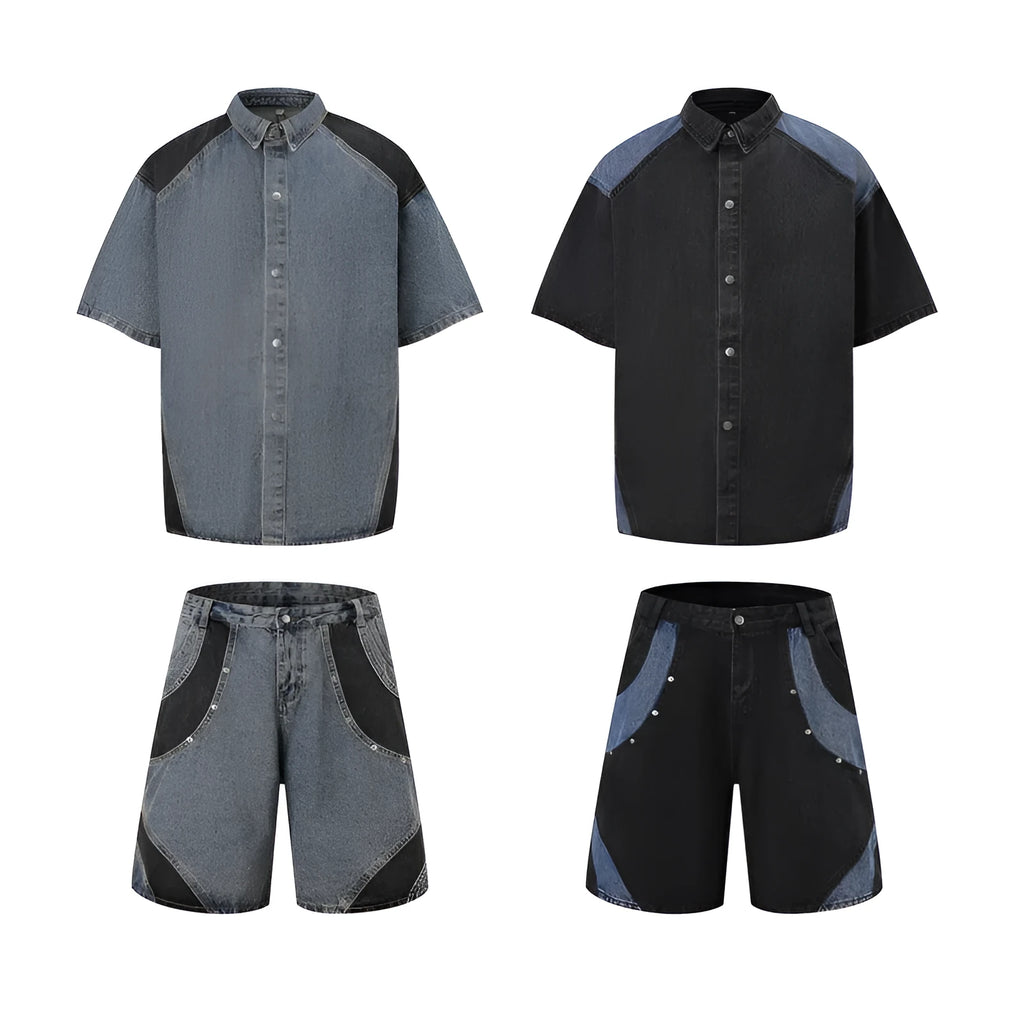 Retro washed denim jeans suit featuring a short-sleeved jacket and matching trousers in a blue colour set.