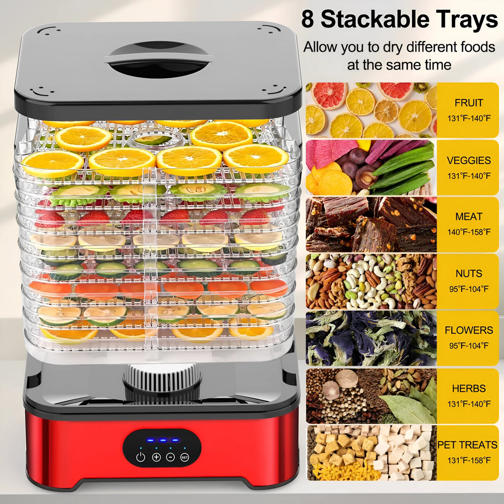 Silver household food dehydrator with eight stacking trays showing temperature controls and ventilation
