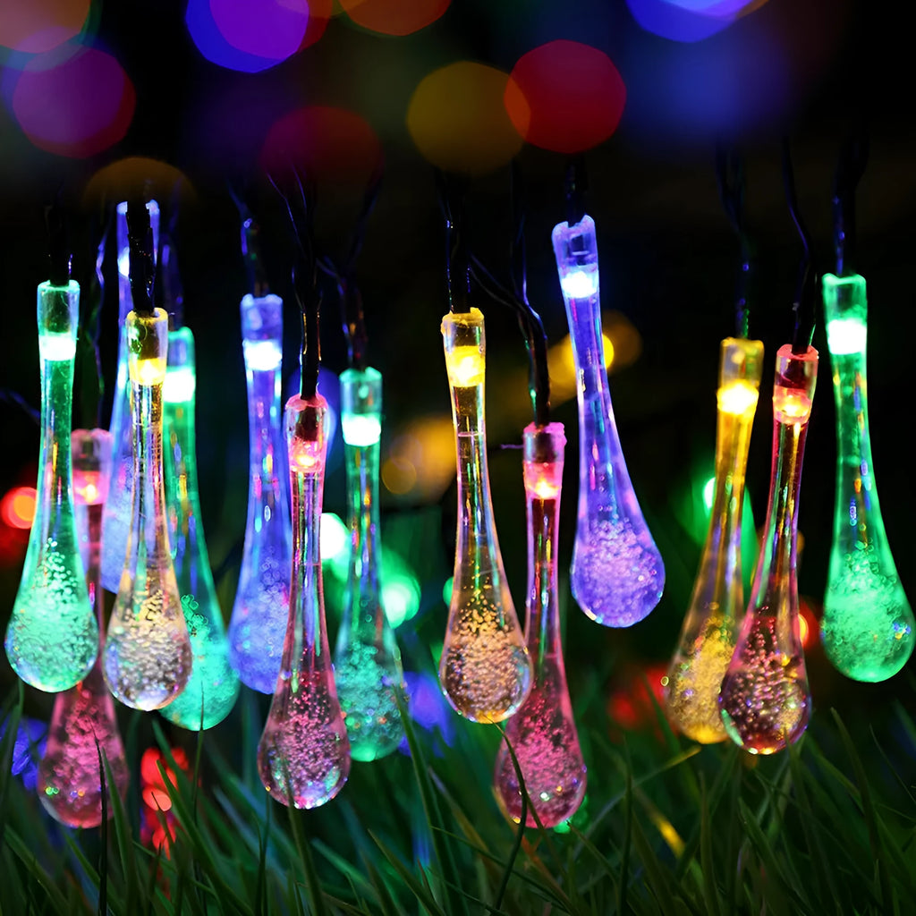 6.5-metre solar LED string lights with waterproof ABS bubble drop pendants for outdoor garden use