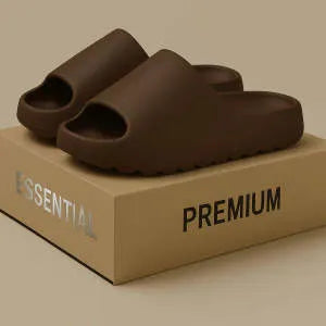 Women's thick-soled EVA beach slippers in black, green, or brown, showing injection moulded construction.