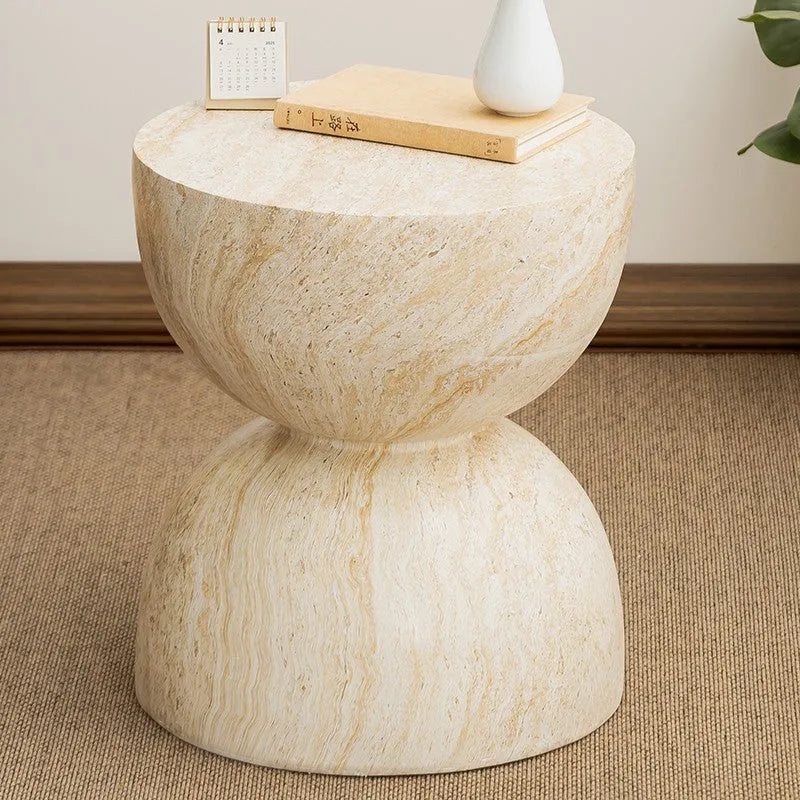 Magnesium oxide sofa side tea table with imitation cave stone finish in hourglass tea table colour for apartment living room or balcony corner