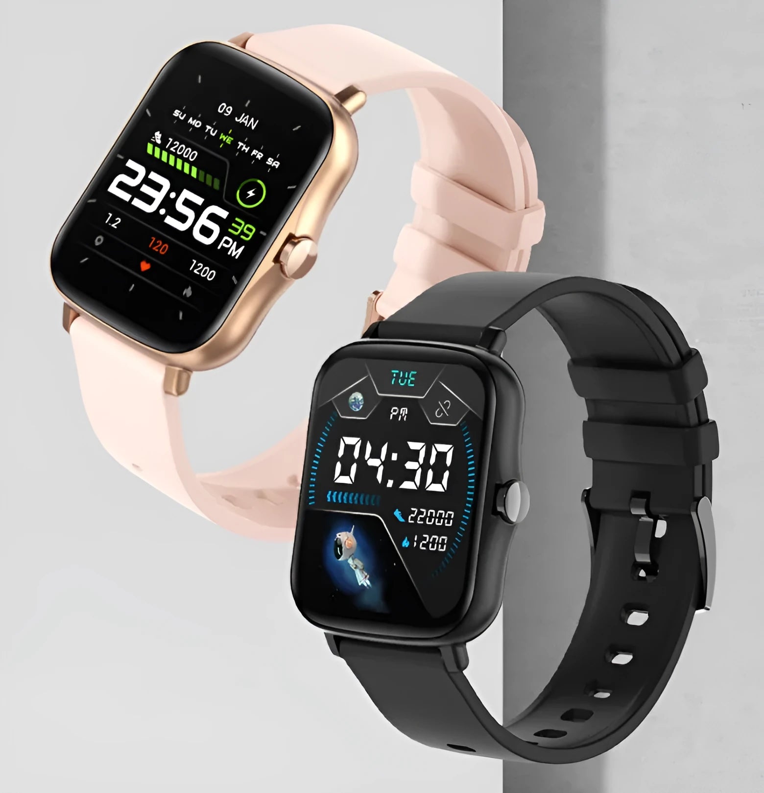 Blue smart watch with 1.7-inch touch screen showing fitness data on wrist