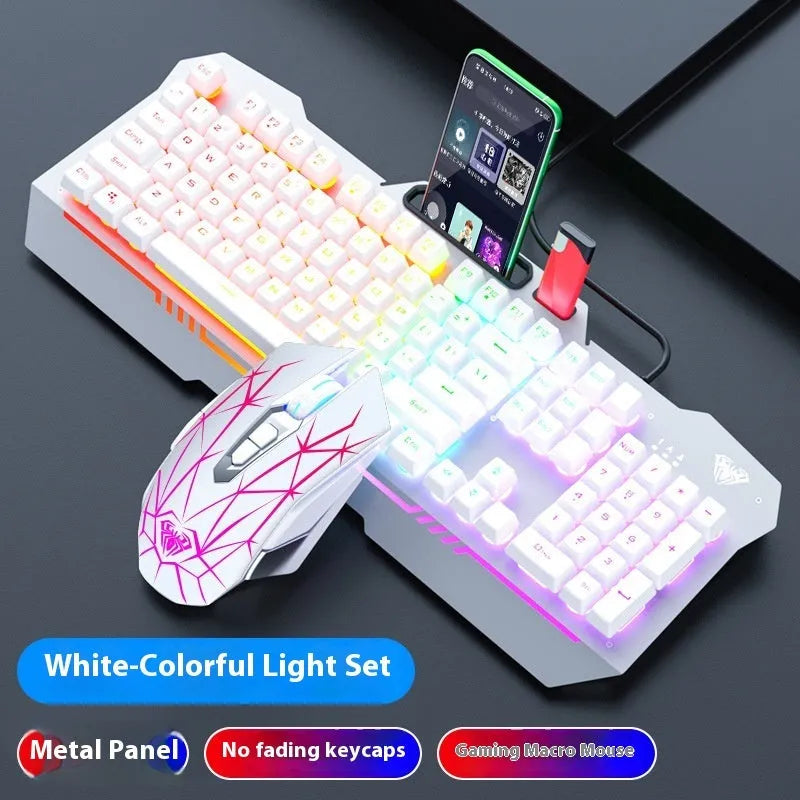 F3010 black and white metal keyboard gaming bundle with mouse, headset, and colourful LED lighting