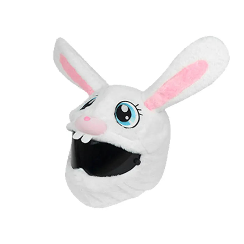 White rabbit head helmet cover with long ears made from plush PP cotton material