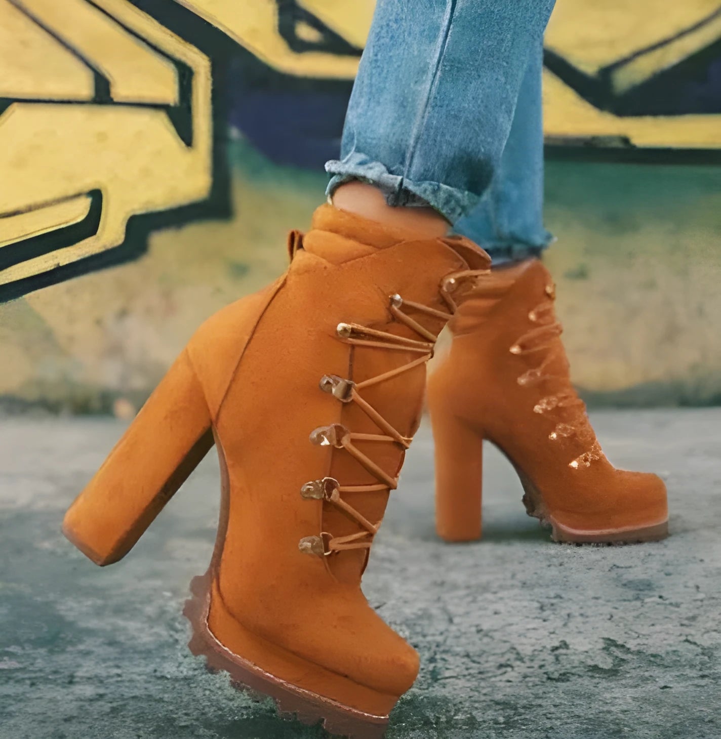 Women's suede high heel ankle boots in army green with thick heel and round toe.
