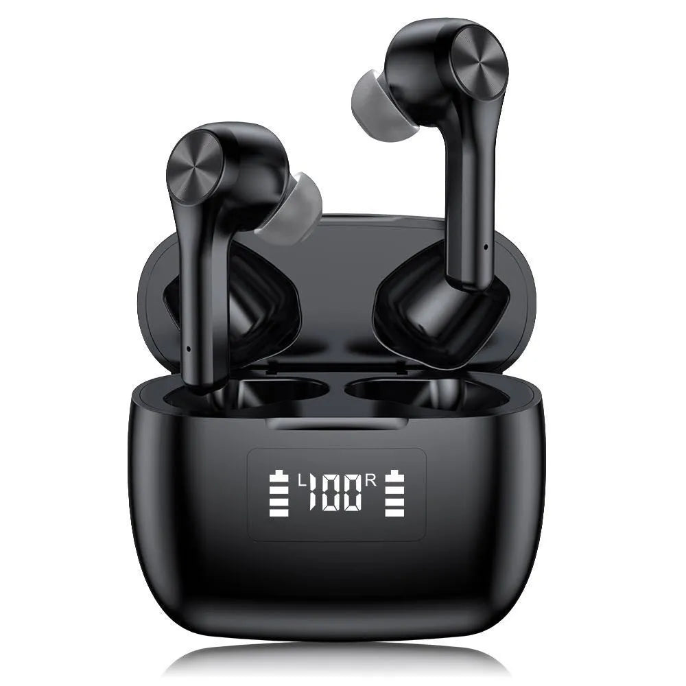 Cool black wireless Bluetooth earphones with touch controls and a matching charging case on a white background.