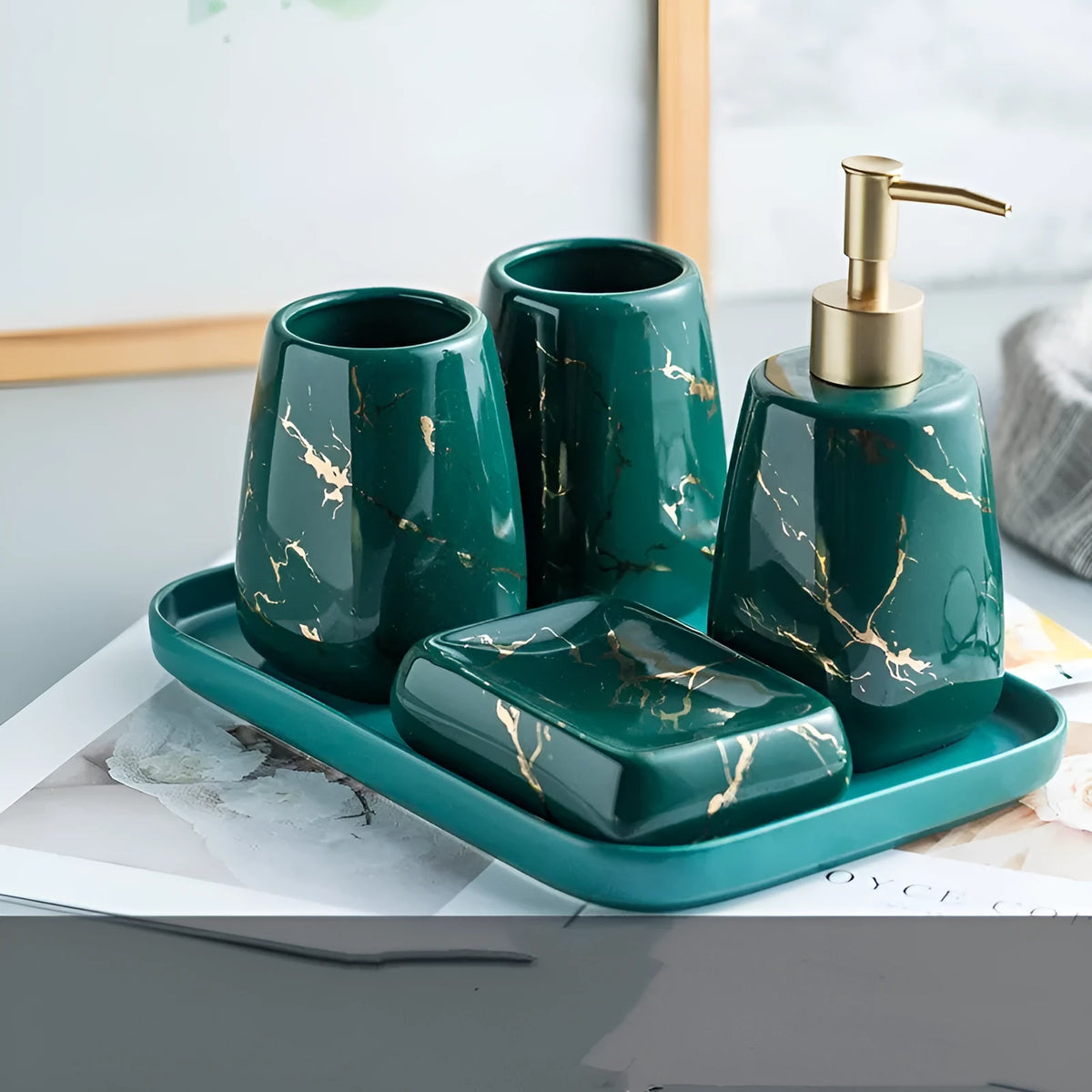 Ceramic bathroom wash set in fine porcelain with decal process detailing in light luxury style